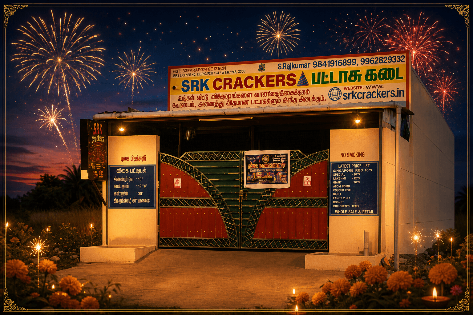 SRK Crackers festive shop banner — licensed crackers shop in Morai, Avadi